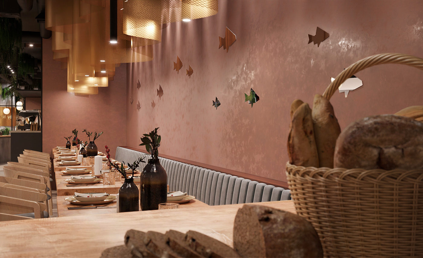 bar cafe concrete design fish gold Interior plants restaurant Sushi