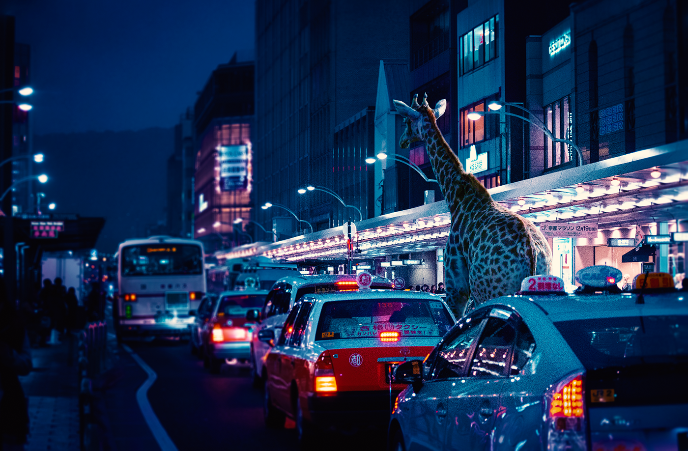Photo manipulation of animals in a cyberpunk place. Retouching and photo compositing with Photoshop