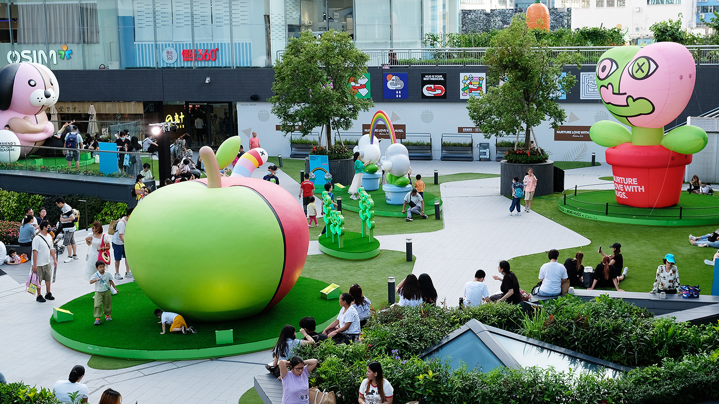 public art inflatable installation shopping mall bold colorful artwork more hugs