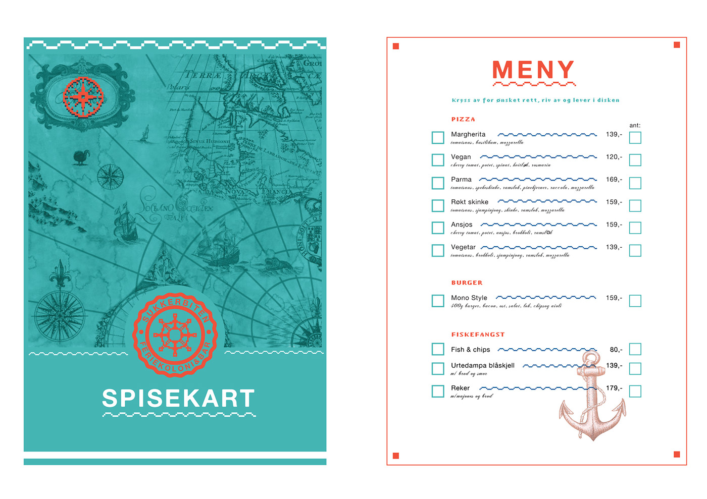 visual identity restaurant bar maritime sea bottle pixels icons Pixel art  Map sukkerbiten seafood fish and chips maritim Sailor