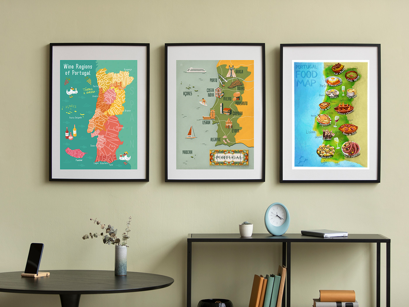 Three poster maps of Portugal featuring national food, places of interest and wine regions