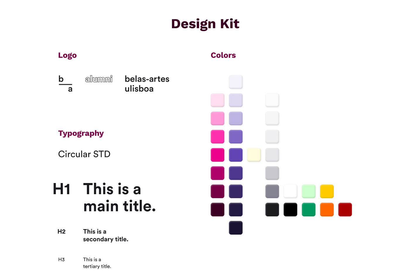 Design kit with colors, typography, branding and buttons.