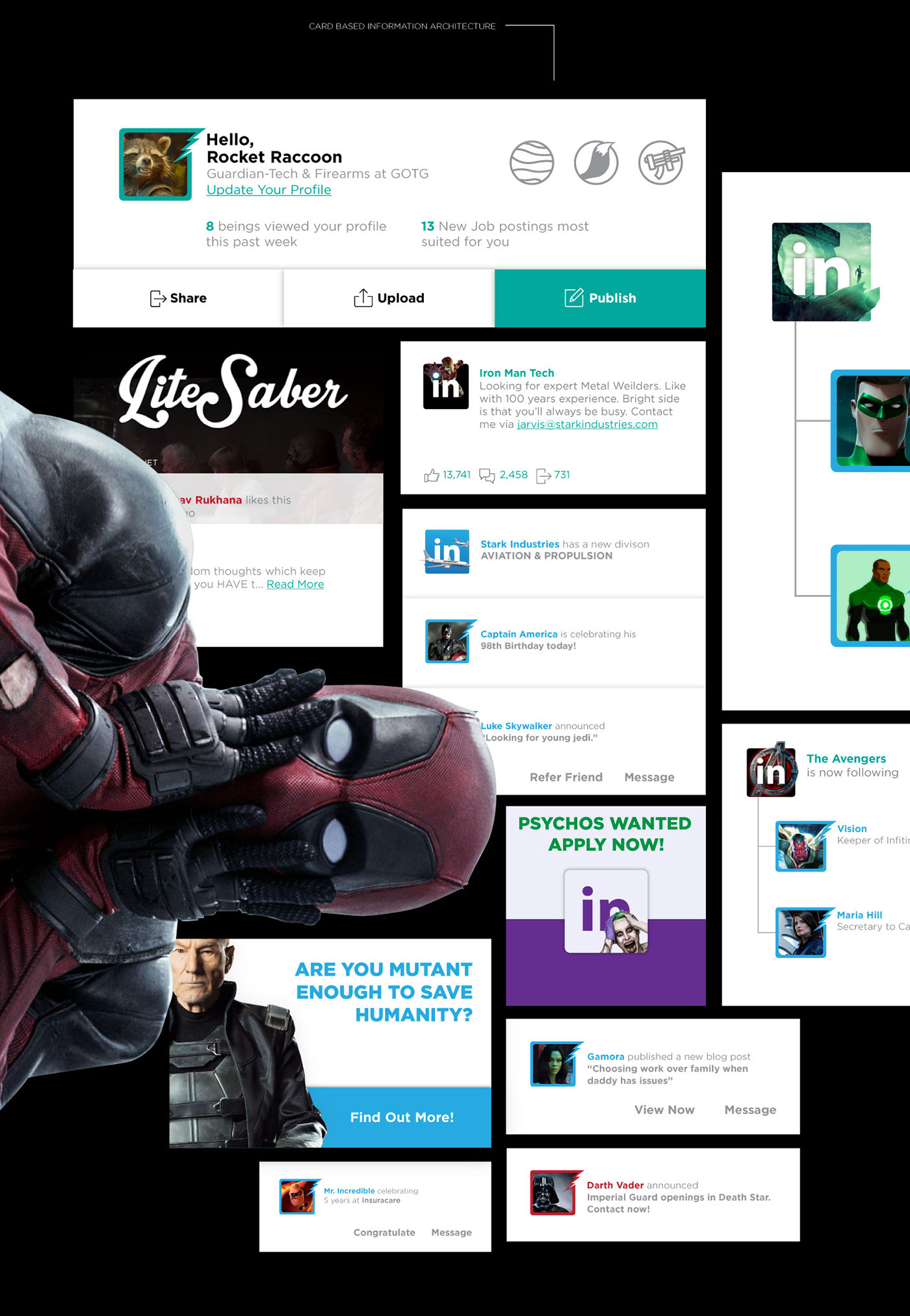 batman superman Xmen star wars Hero social network professional Linkedin marvel dc Jobs user experience
