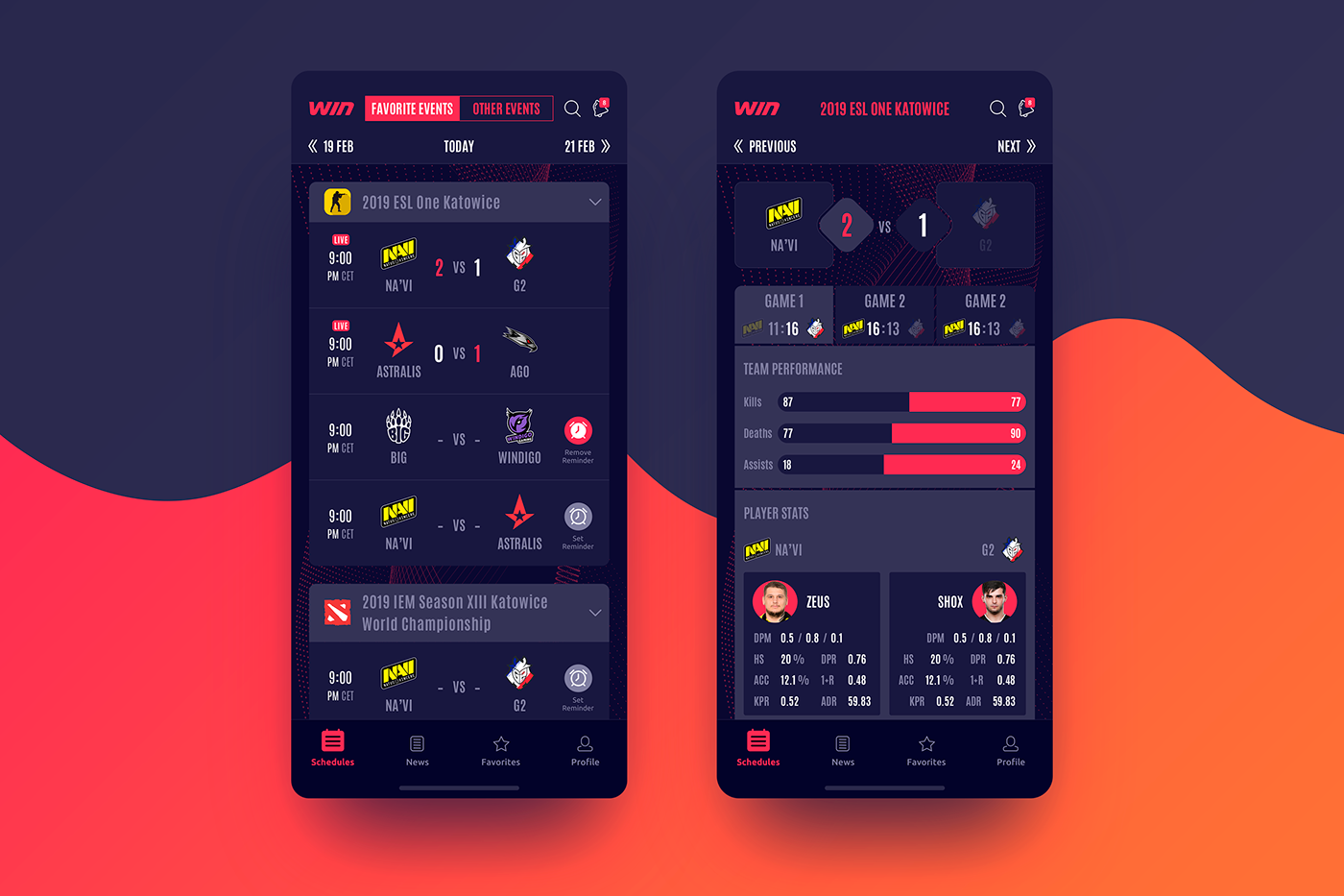 esports UI mobile Mobile app app Fixtures schedule match team cybersports