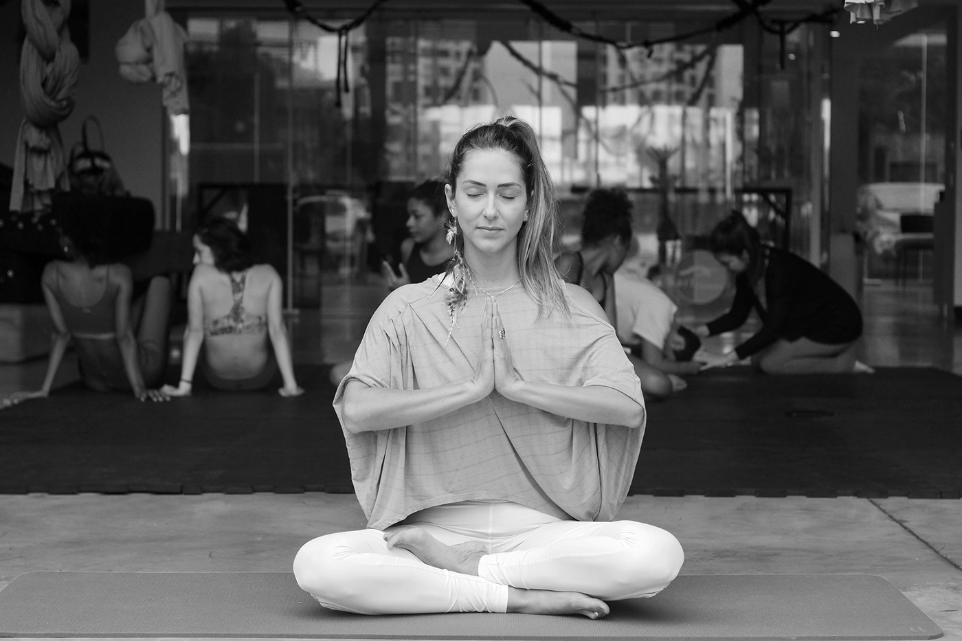 Yoga class woman beauty portrait Natual light black and white vintage