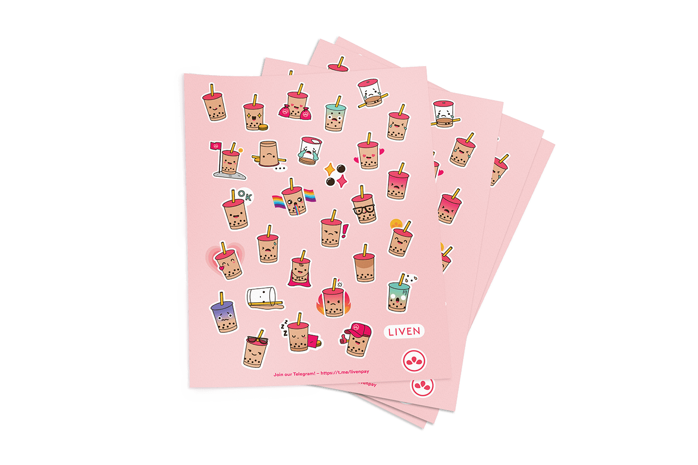 Boba bubble tea crypto cryptocurrency Fun Liven livenpay pink stickers Telegram