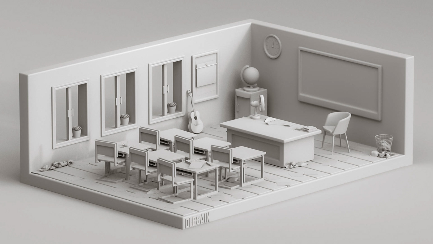cartoon cinema4d classroom cute game Isometric lowpoly Miniature realistic stylized