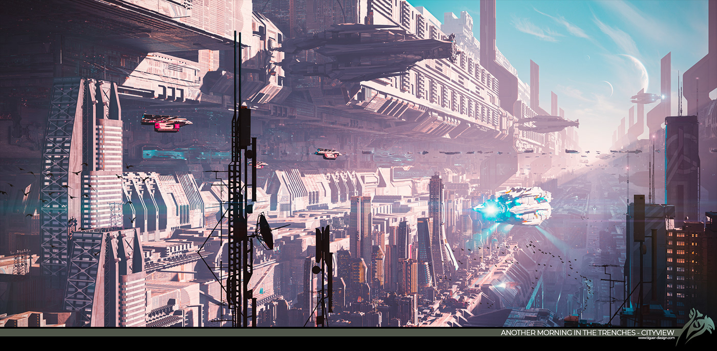 city cityscape concept art Cyberpunk digital painting environment futuristic MORNING science fiction art Scifi