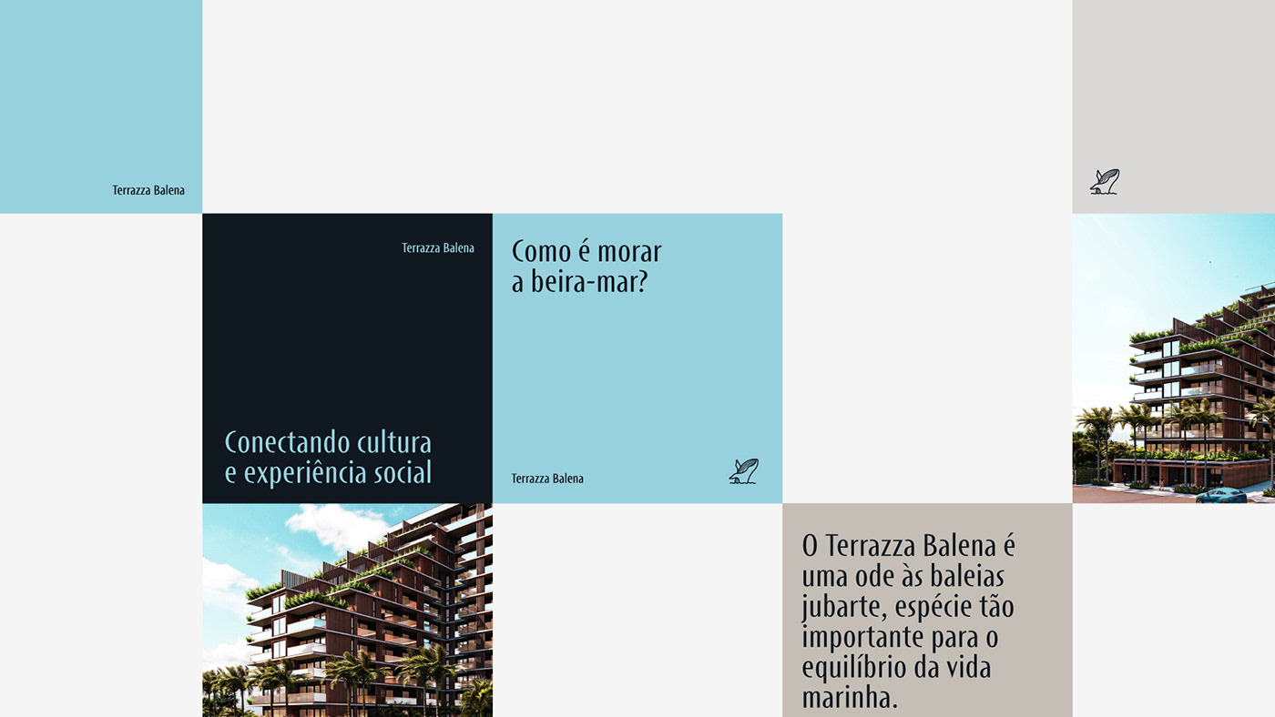 Marketing collage for 'Terrazza Balena' with text, building images, and a maritime theme