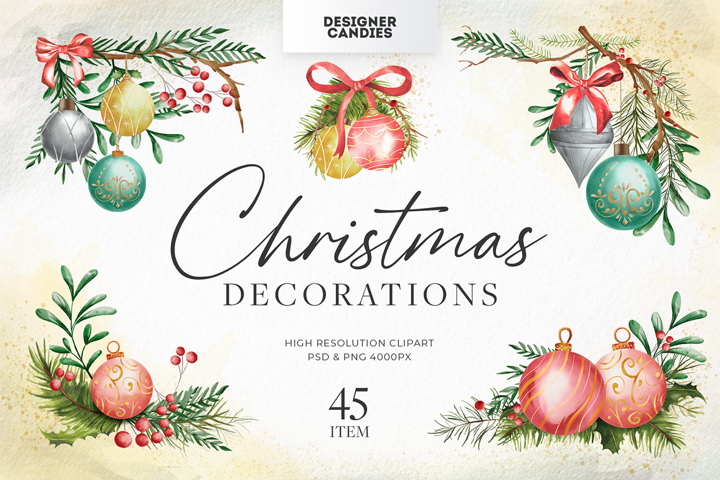 Christmas clipart decoration elements wreath baubles rustic traditional watercolor psd