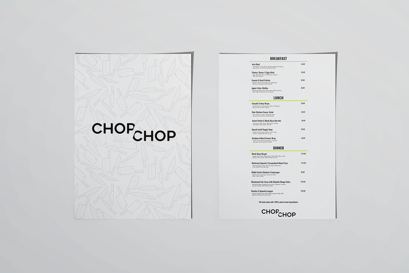 branding  brand identity ChopChop Illustrator InDesign photoshop Mockup Capstone restaurant menu