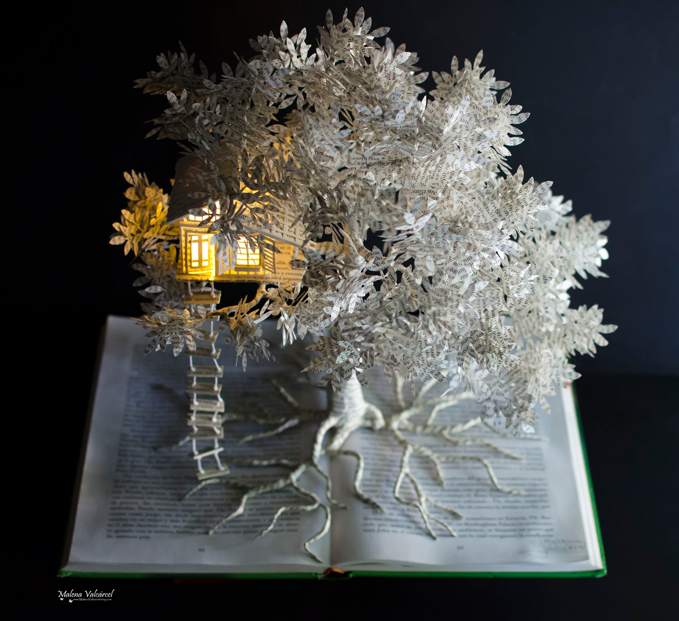 alteredbook bookart booksculpture miniatures onabook paperart PaperHouse paperleaves papertree Treehouse