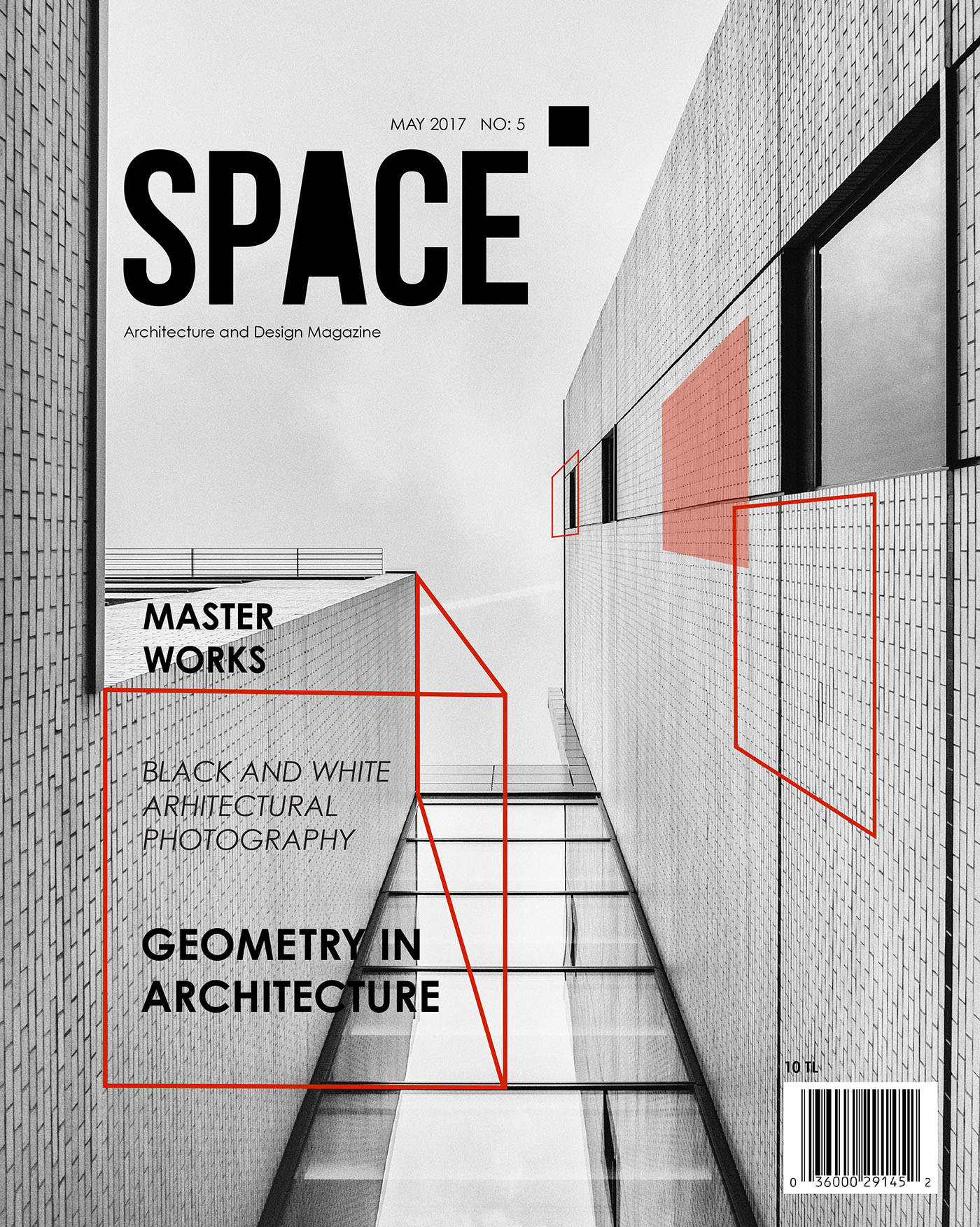 magazine architecture photo black and white red grid cover