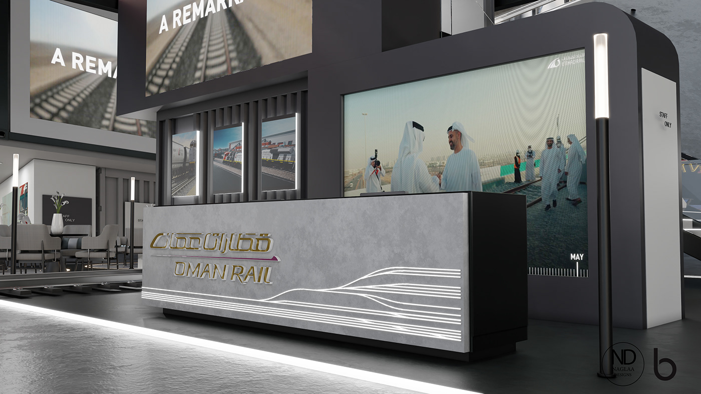 booth 3D Render Standee railway emirates Oman visualization Etihad Rail