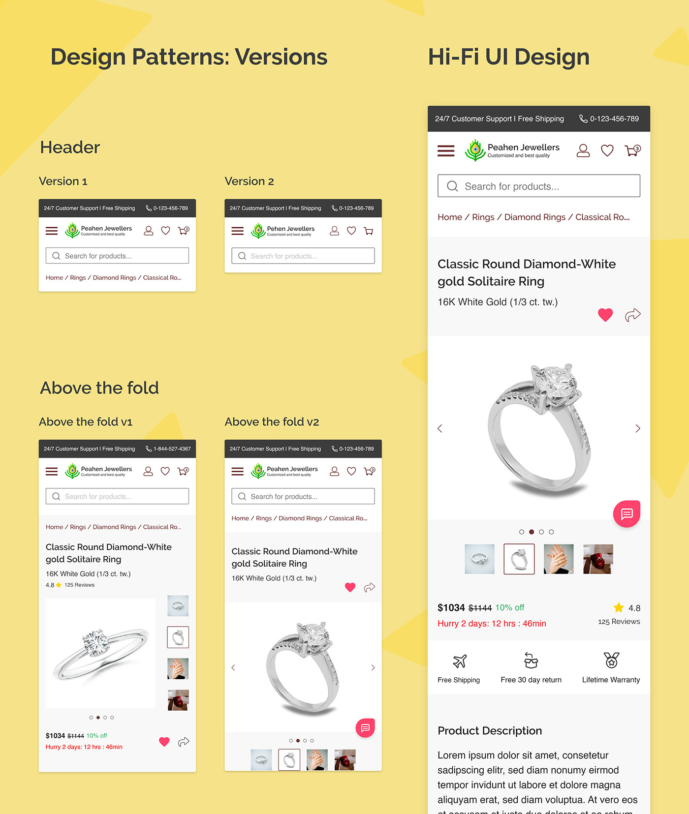 Design pattern and ui of Mobile website ui ux design of Product page for a jewellery ecommerce shop.