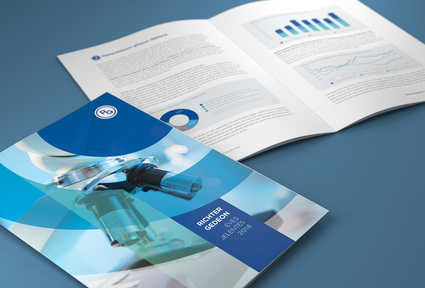 annual report brochure chart geometric pharmacy biotechnology green blue industry design