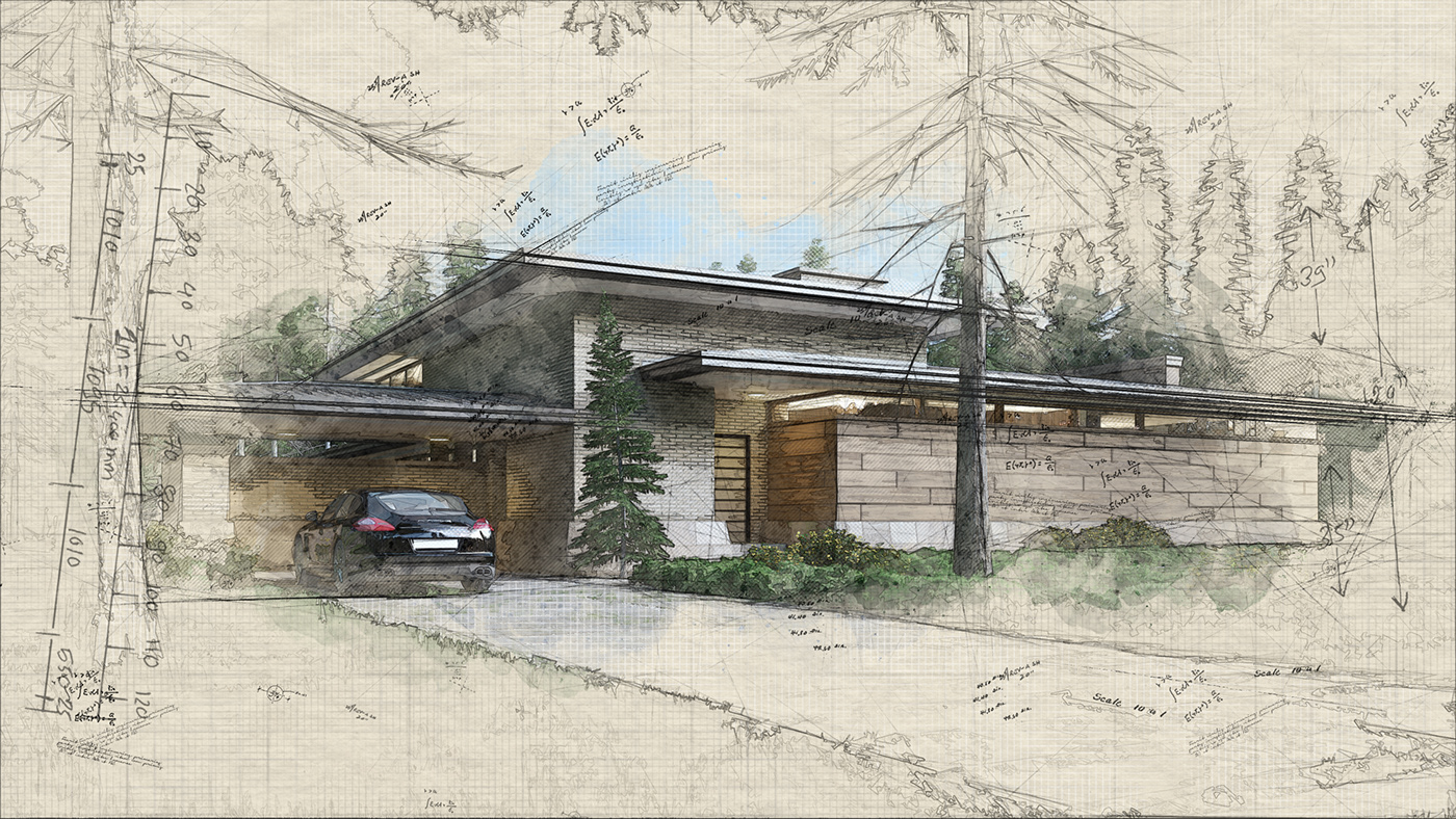 visualization rendering animation  walkthrough 360panorama Frank Loyd Wright design mountain house