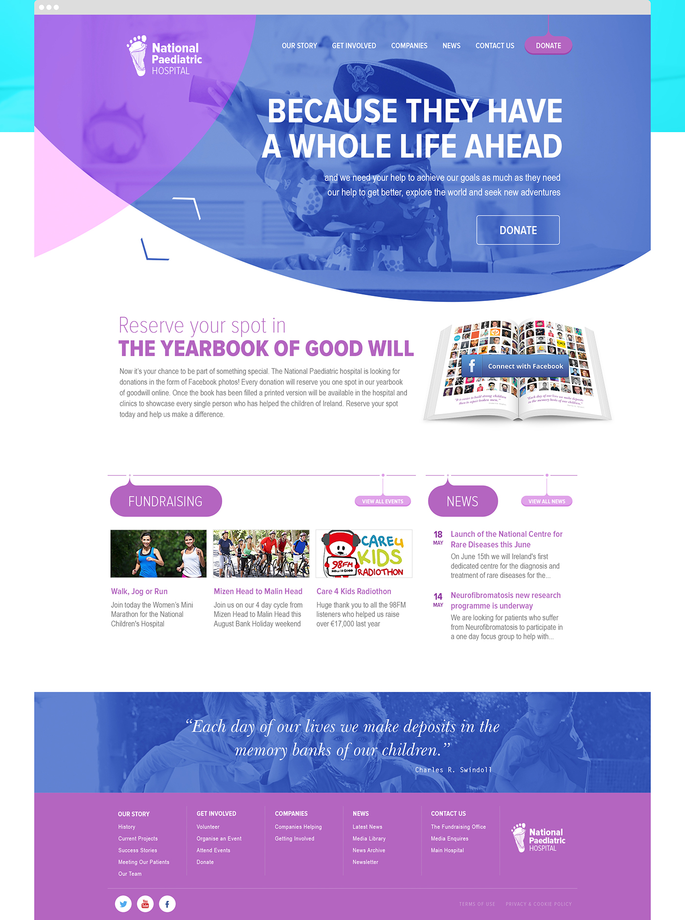 hospital kids charity Website homepage pink blue purple