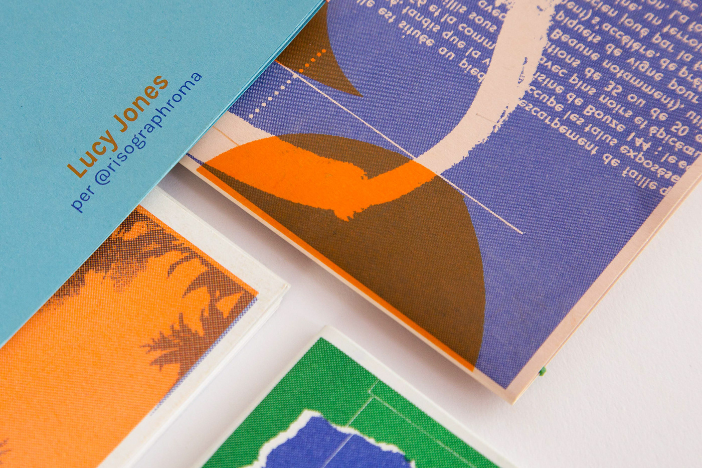 illustrated risograph color blocking collage green orange blue paper ink Riso Print