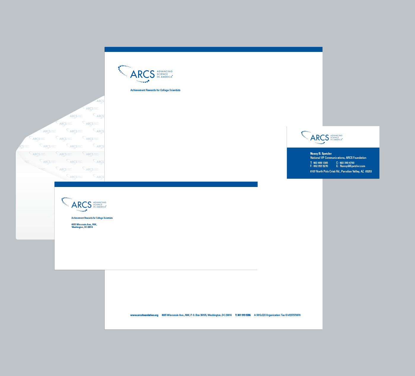 ARCS Education non-profit Collateral tri-fold brochure folder PPT Powerpoint presentation lapel pin Stationery certificate newsletter redesign