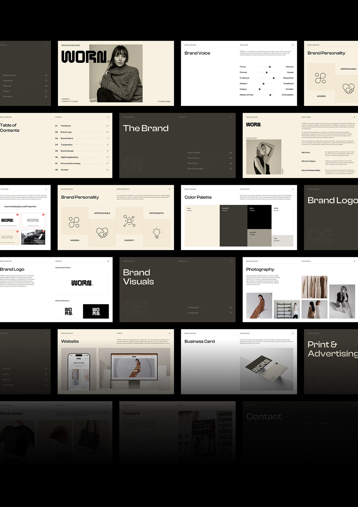 grid of slides from WORN brand guidelines template.