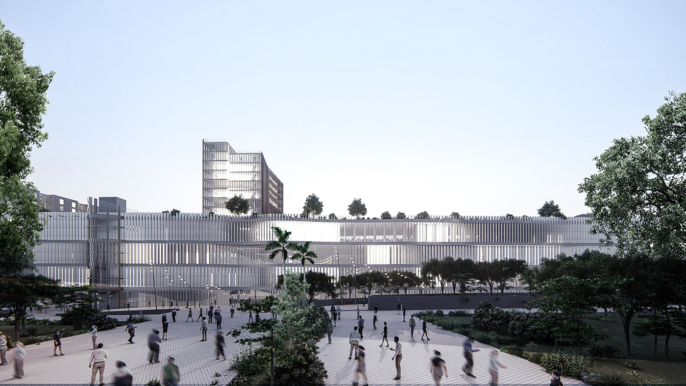 mall facade parametric concept visualization Retail White green Nature