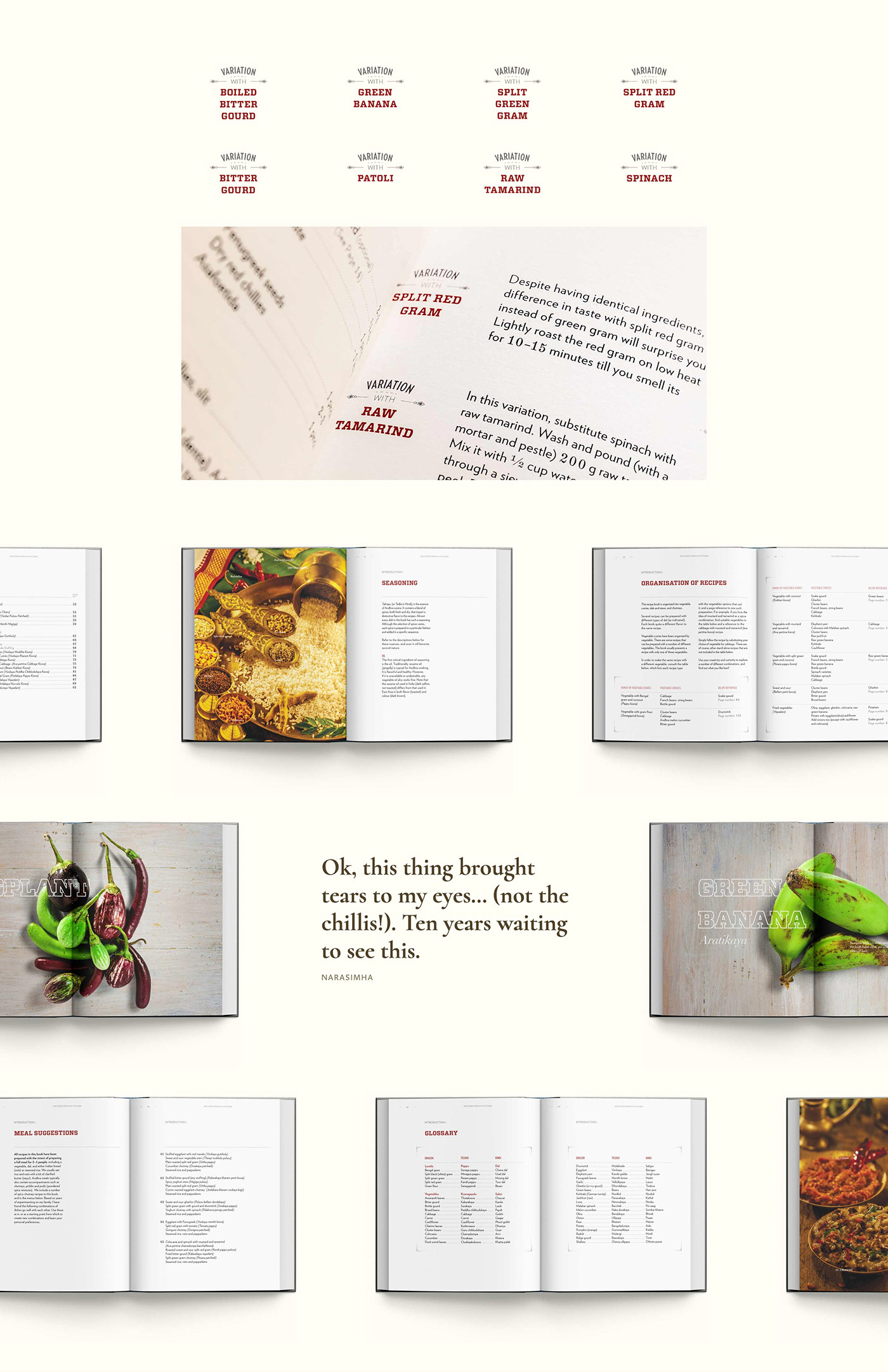 A collection of various text treatment and spreads from the book, along with a client testimonial.