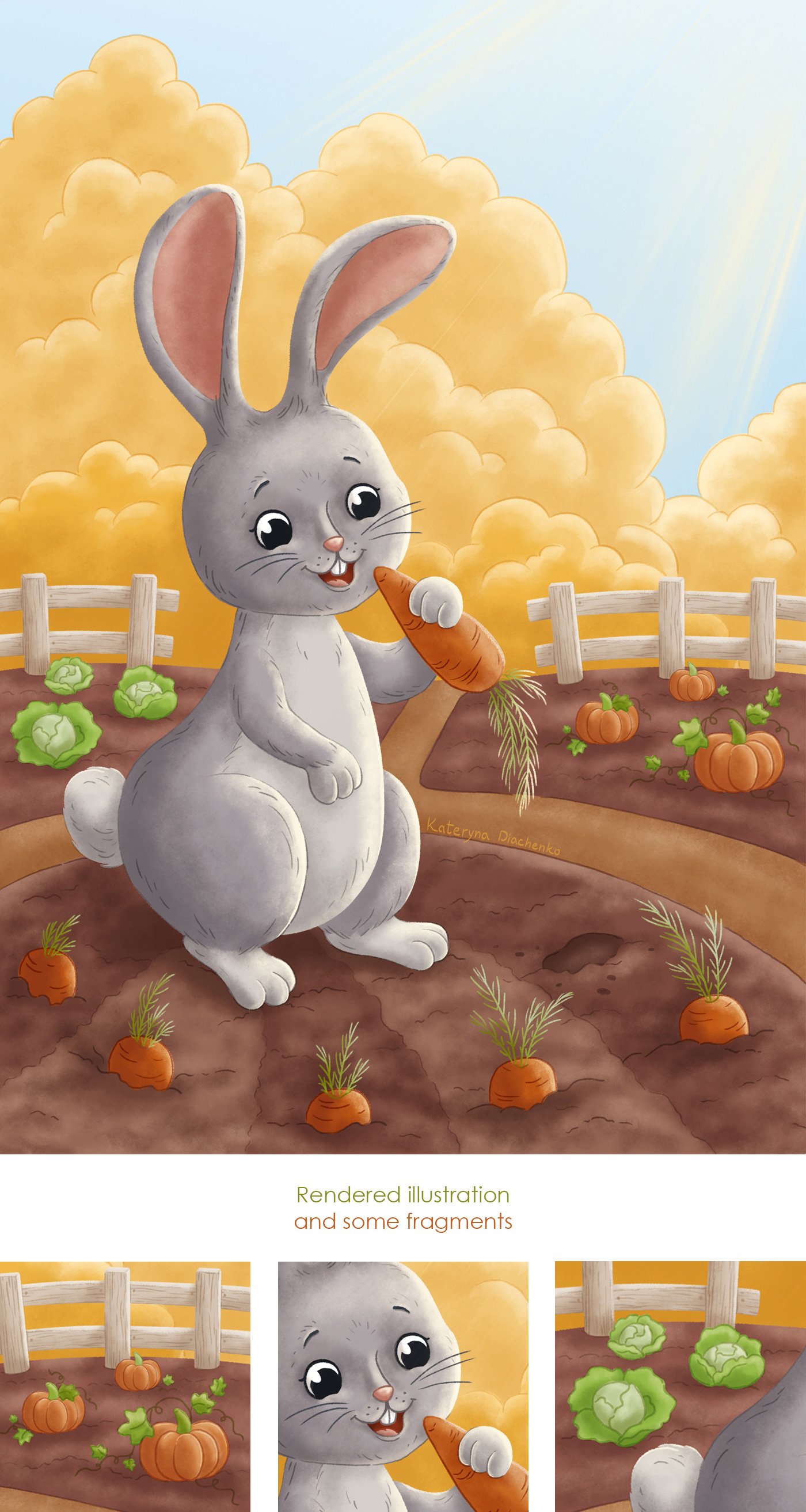 Process of creating children's illustration with Bunny eating a carrot
