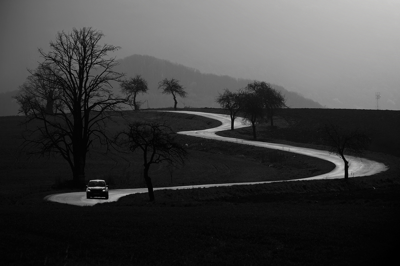 black and white fog freeway loneliness mood road Vehicle