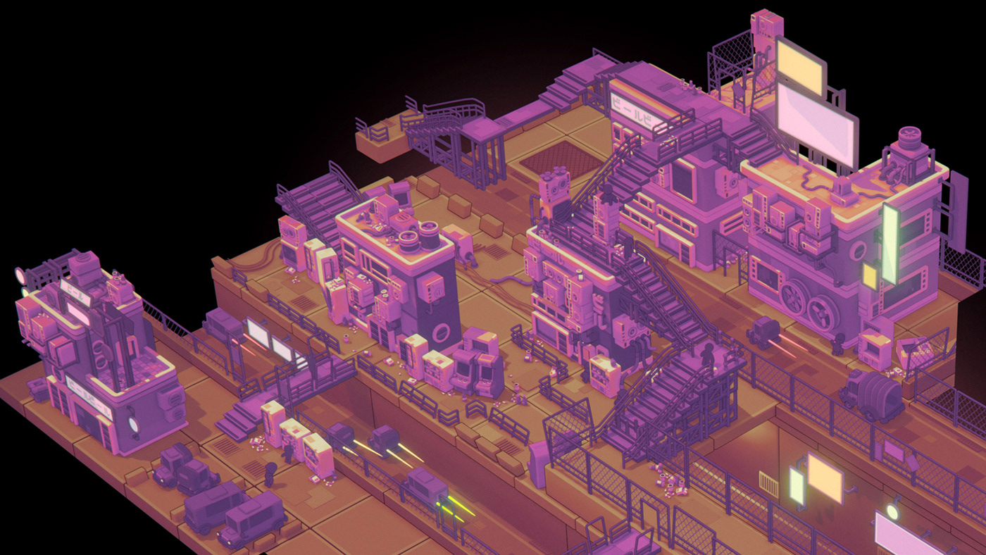 3D art blender Cyberpunk game Isometric neon pixel top down