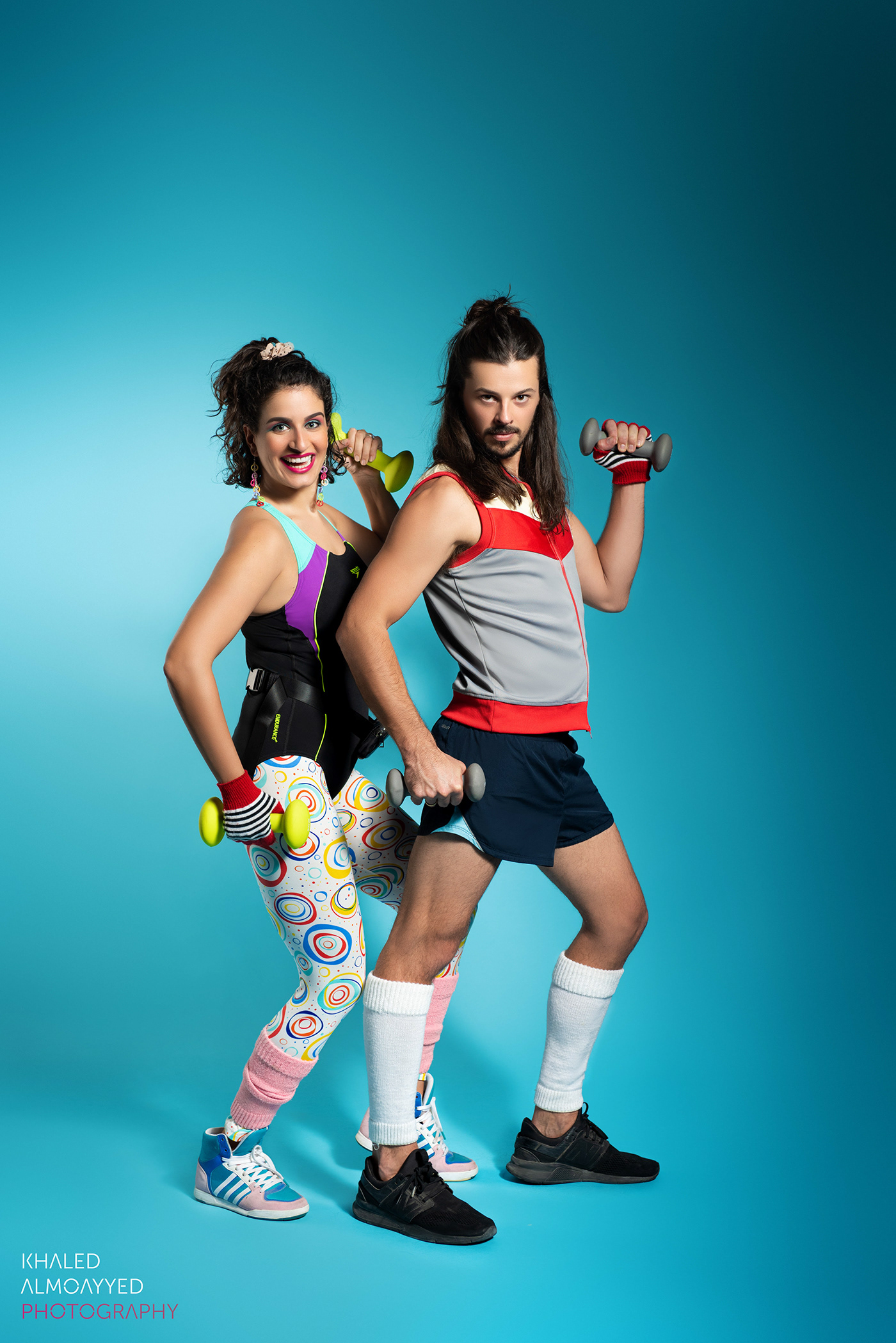 80s Aerobics funny Hilarious excercise Stretching fitness sport Couple's portraits jazzercise