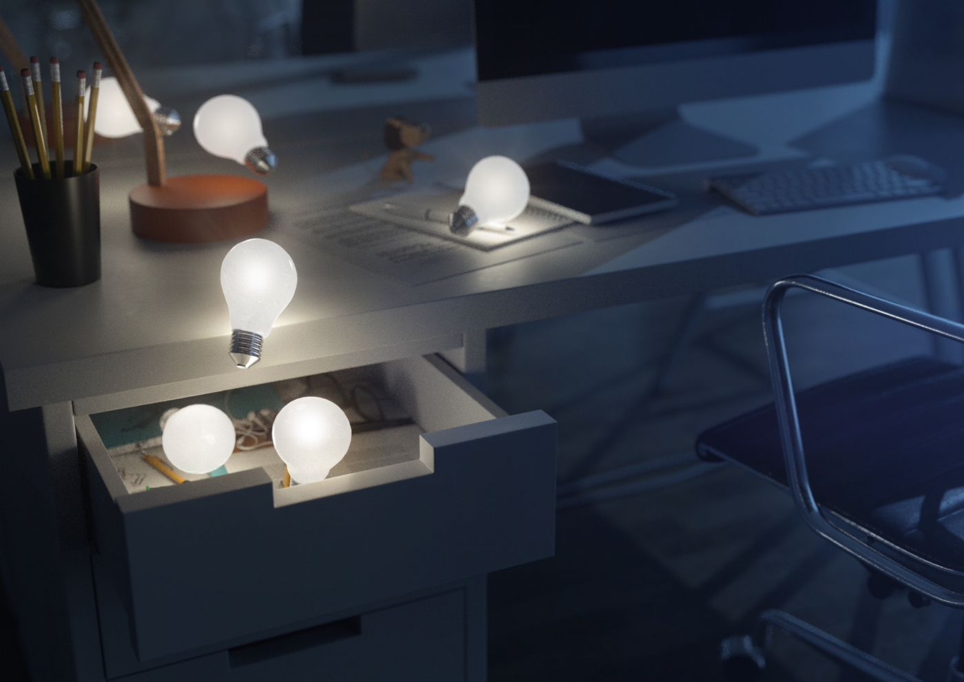 3D animation  commercial print Lightbulb Interior Office