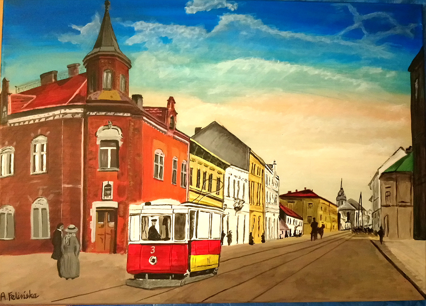 acrylic painting architecture canvas landskape postcard tramway