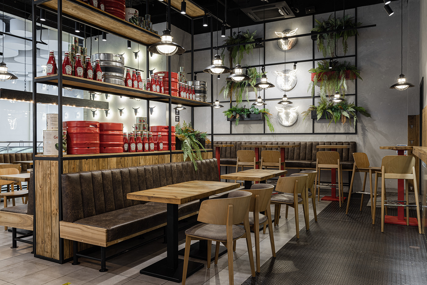 bar burger cafe coffee shop Fast food interior design  LOFT metal plants restaurant