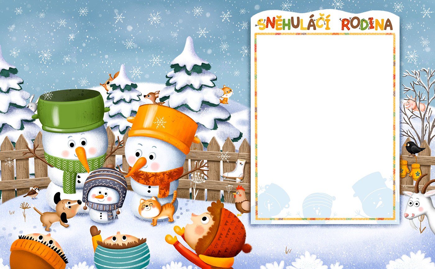 animals characterdesign children ChildrenIllustration cute DigitalIllustration snowflakes snowman winter family