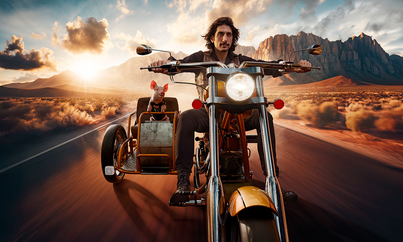 CGI composite photography motorcycle CGIArtist professional photographer motorcycles pig adventure lifestyle Hipster
