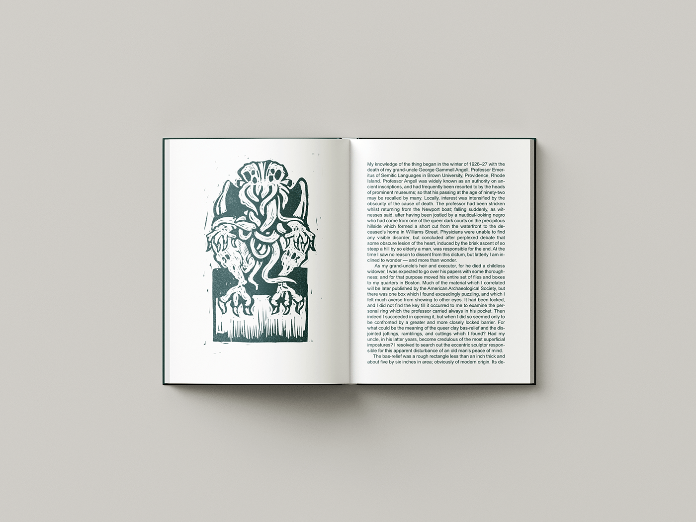 book design lovecraft cthulhu mythology fantasy linocut printmaking ink