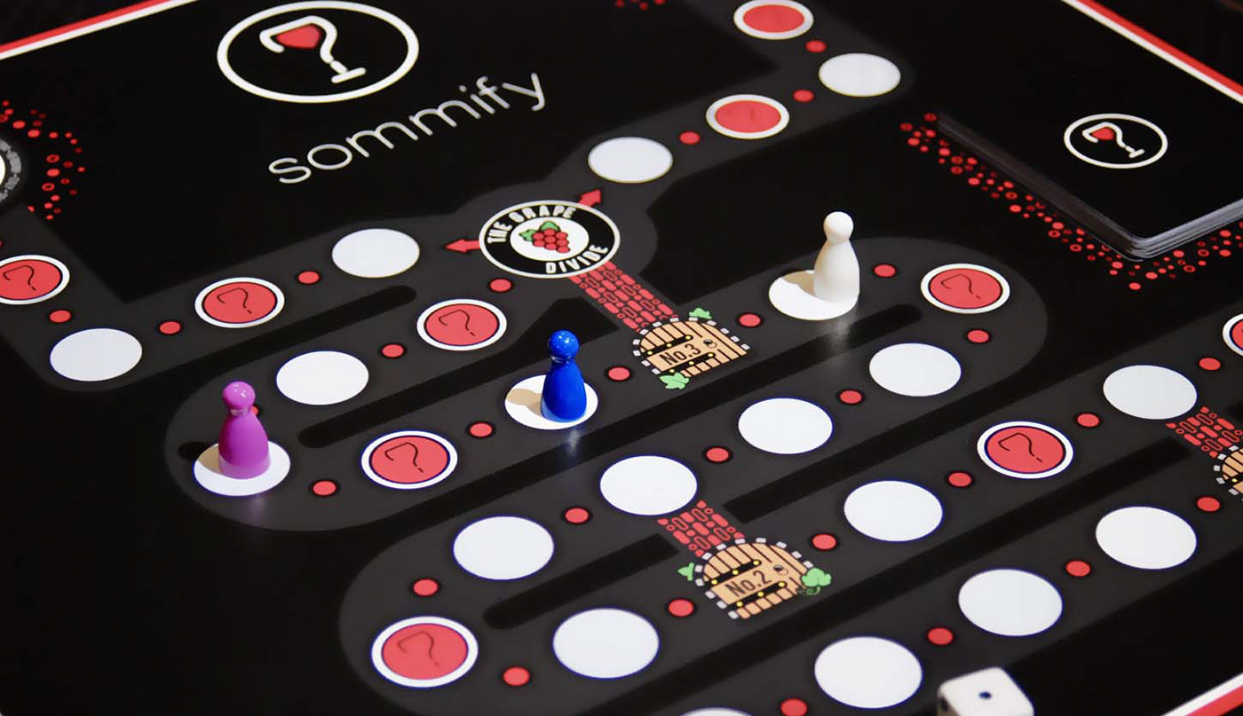 Board game design for Sommify, a blind wine tasting game.