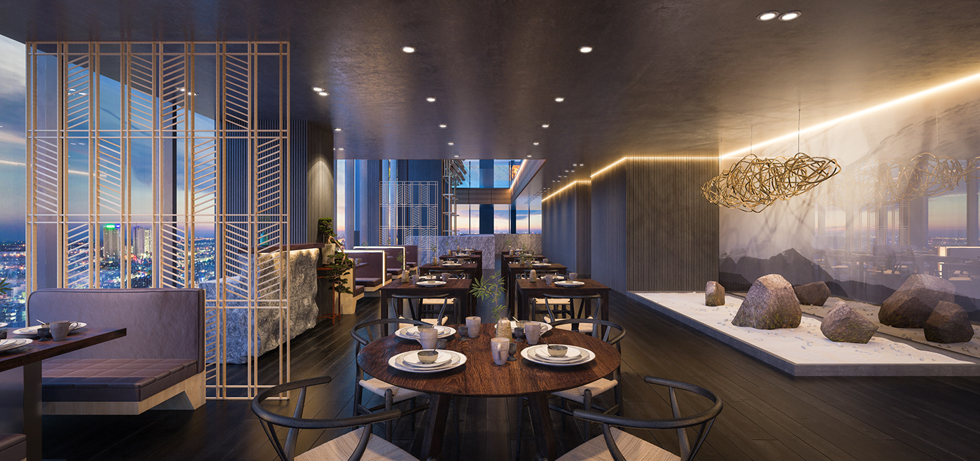 Interior design Sorae japan vietnam restaurant visualization Sushi wood longnguyendesign