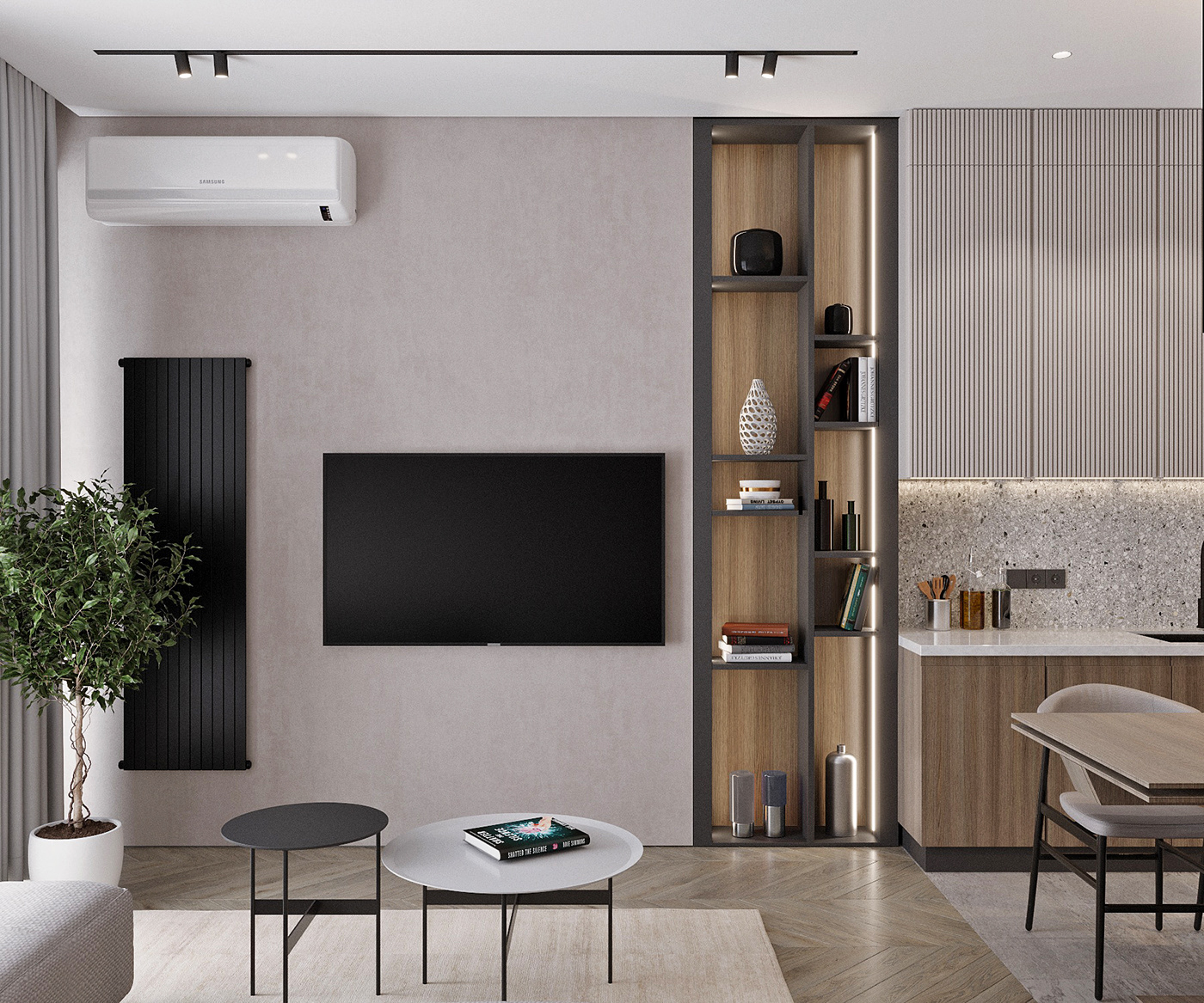 apartment baku azerbaijan corona Interior kitchen living room Minimalism Render visualization