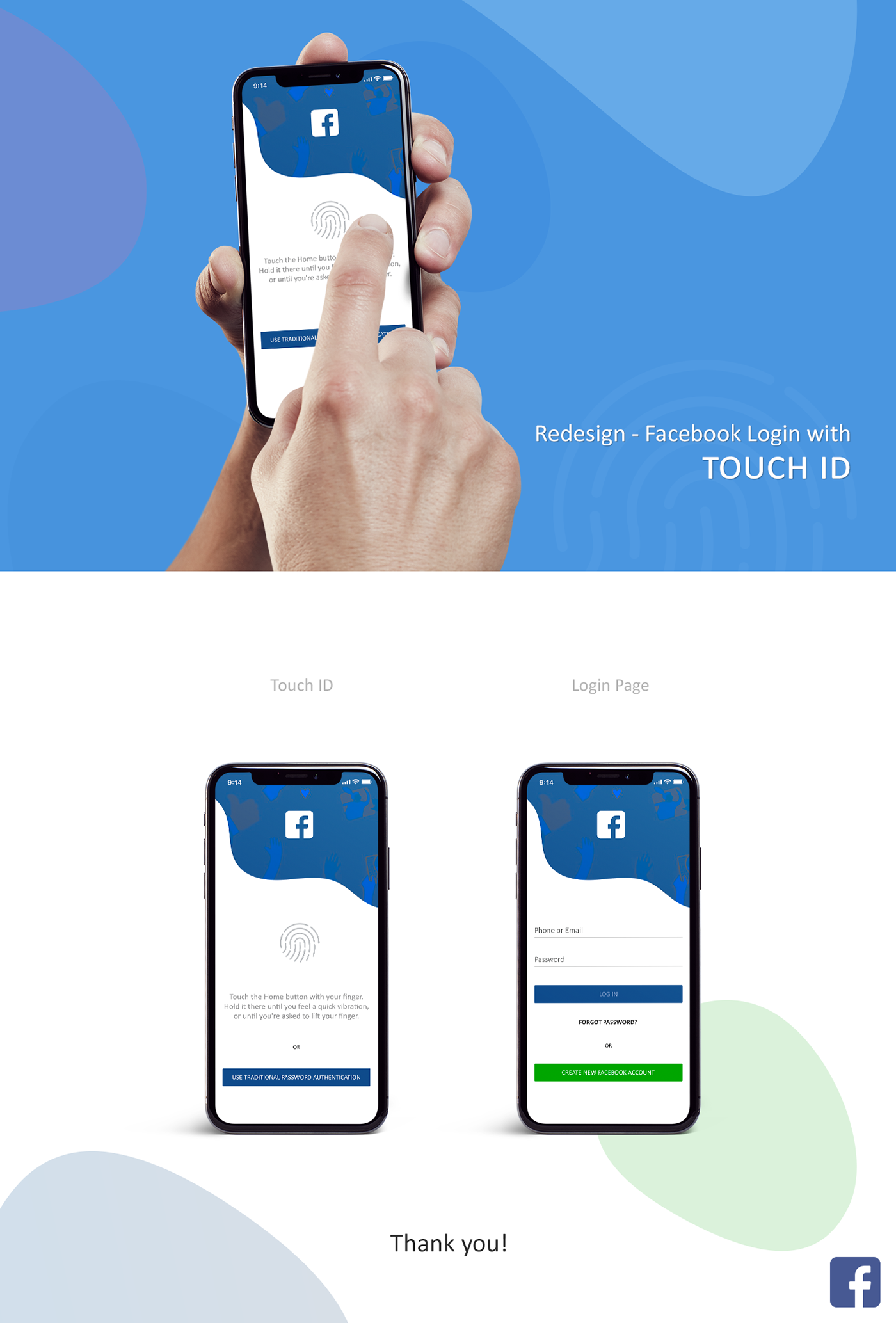 facebook login Touch ID login fb redesign ID Facebook Next Generation user experience social media concept