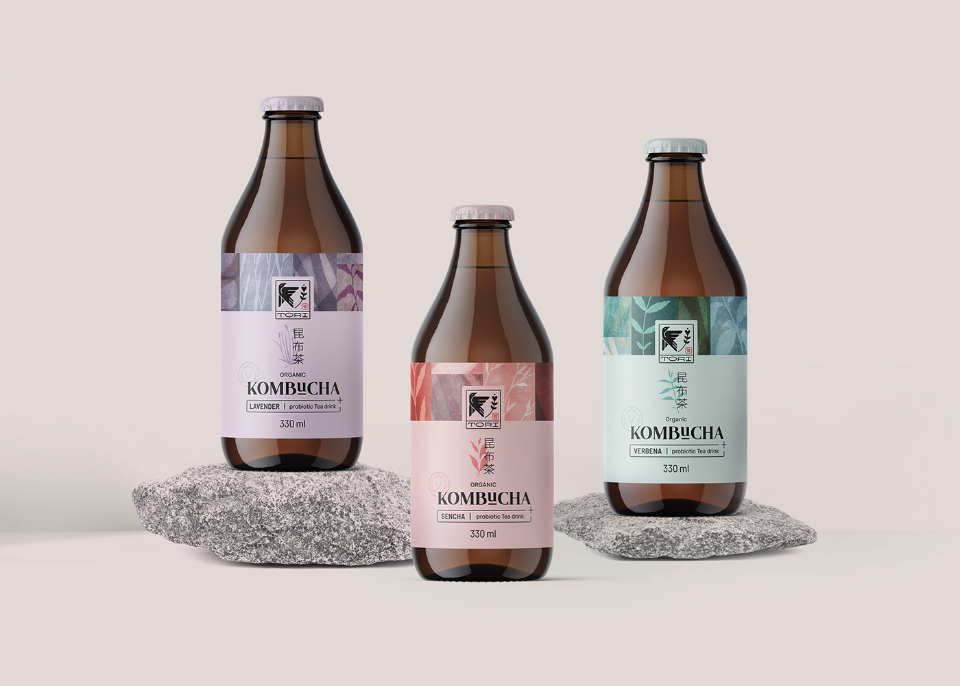Labels design for Tori® Kombucha drinks.