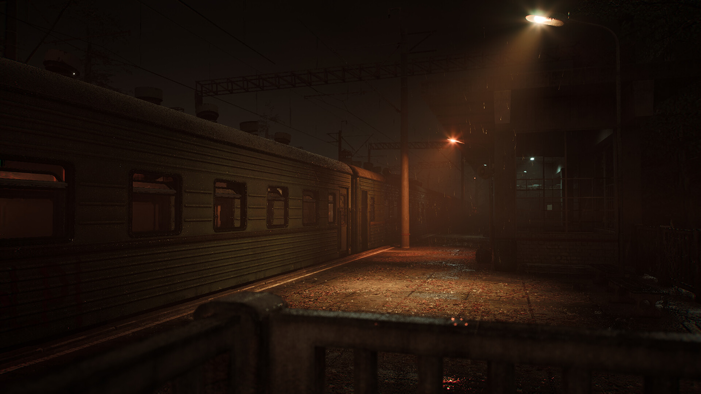 art digital environment game game design  Platform texture train Unreal Engine rain
