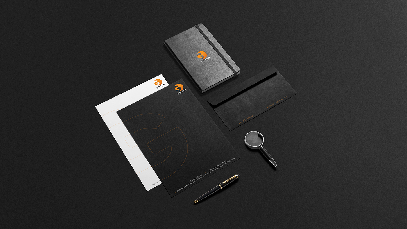 Gurnani Metals metals branding  Engineering branding black business card Stationery Startup Farms