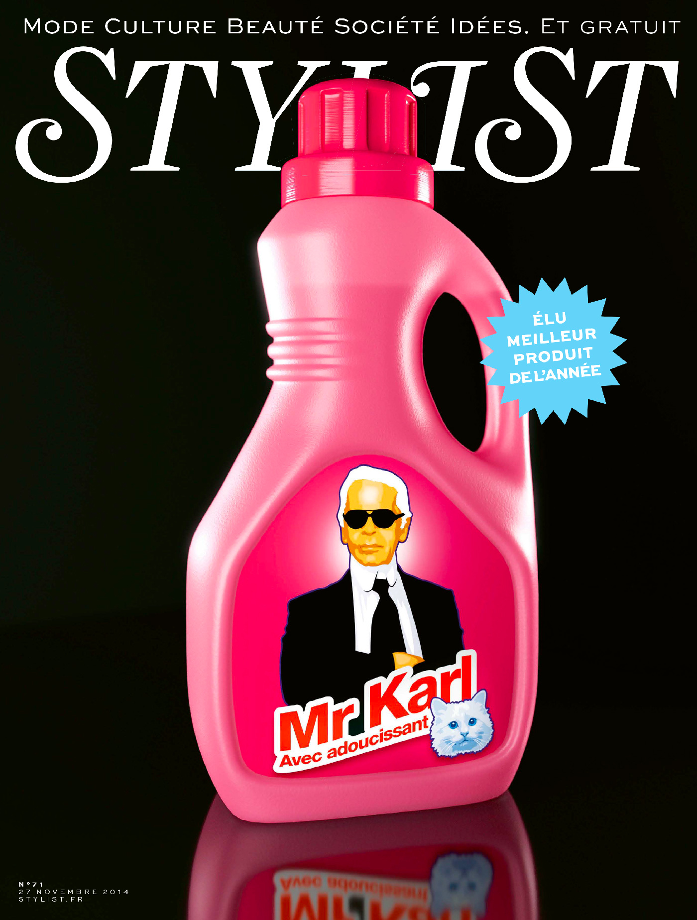 karl lagerfield Cat bottle fabric softener pink black magazine cover