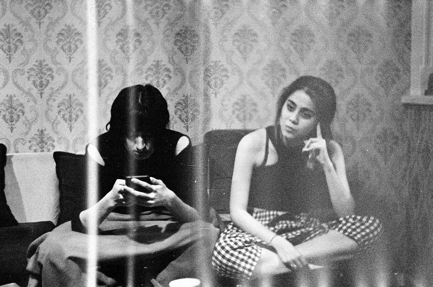 black and white monochrome film photography girls cigarette tea winter apartment kitchen