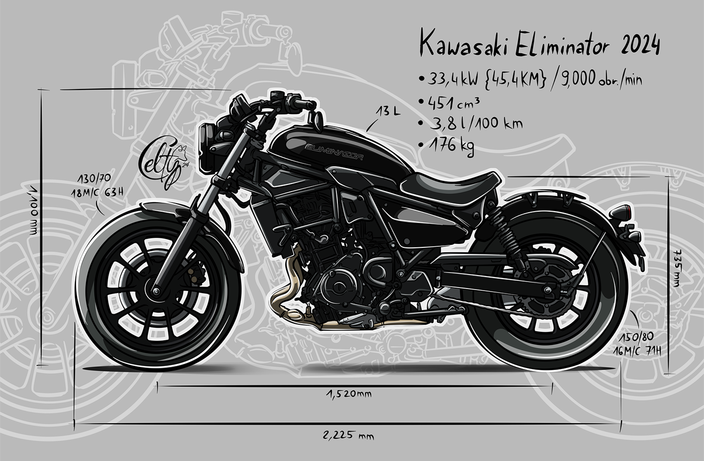Kawasaki chopper motorcycle Bike Blueprint aliminator bobber