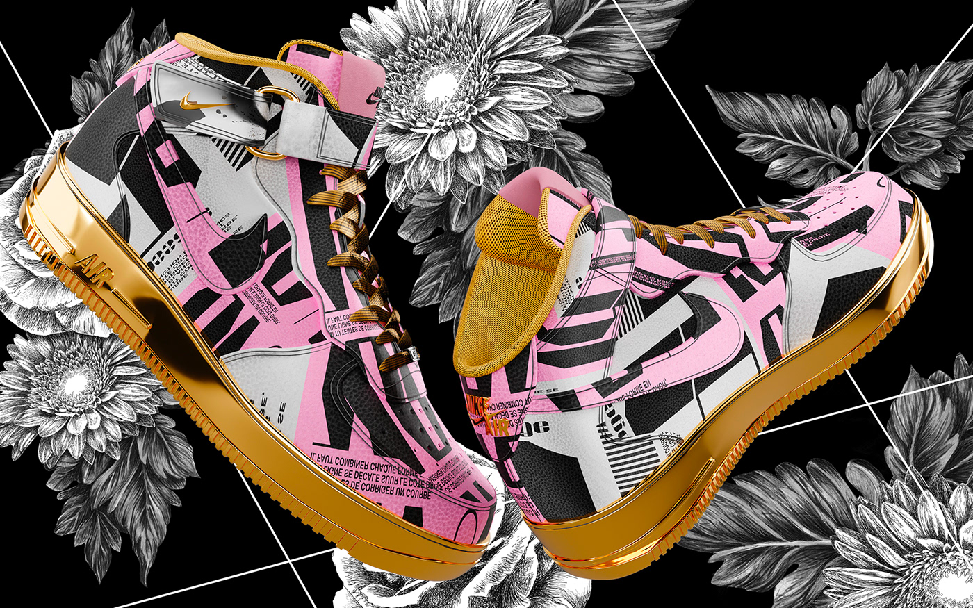 Artwork and patterns for a collection of Nike air sneakers