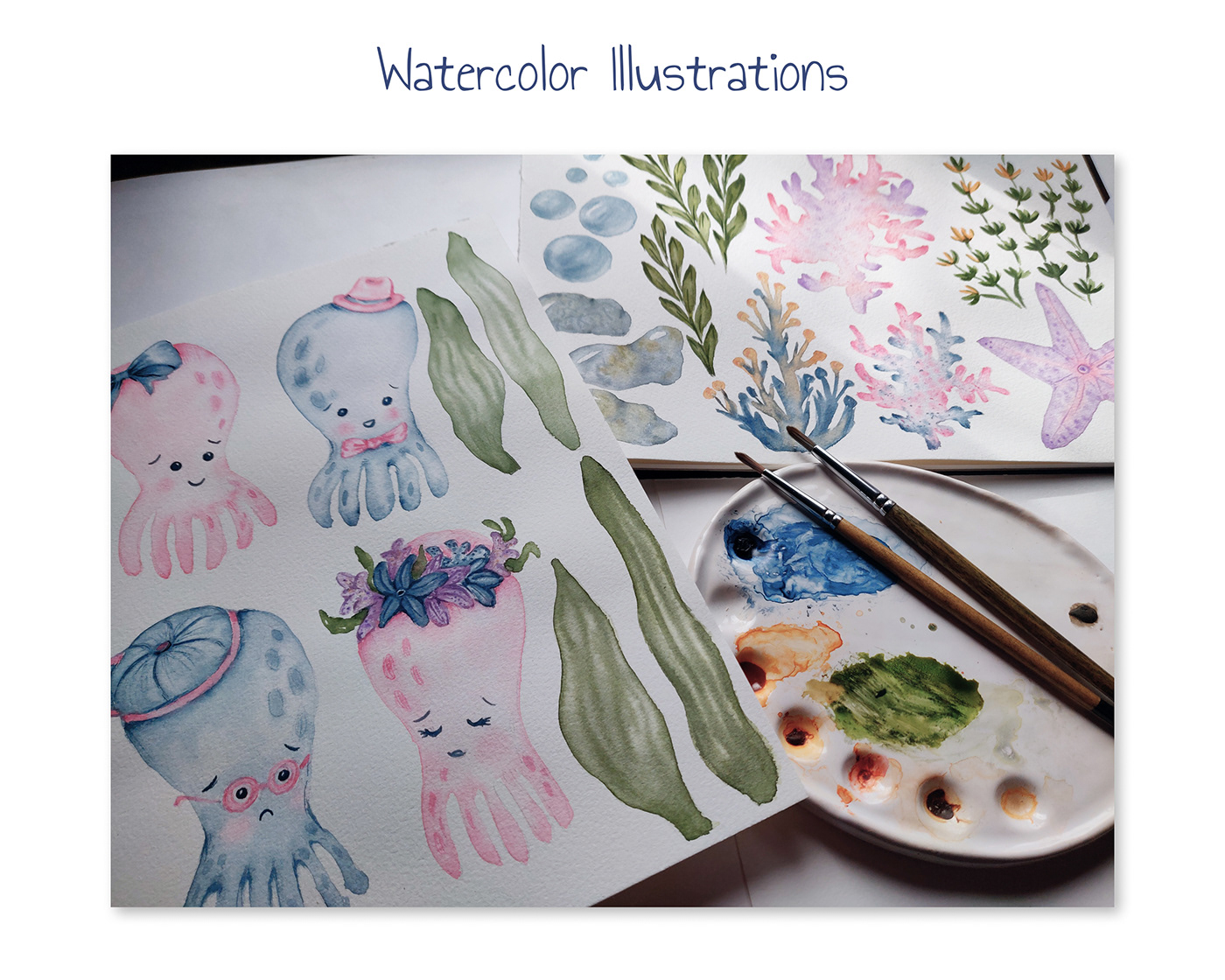 watercolor ILLUSTRATION  Drawing  pattern design  kids illustration cartoon underwater octopus fabric design wallpaper