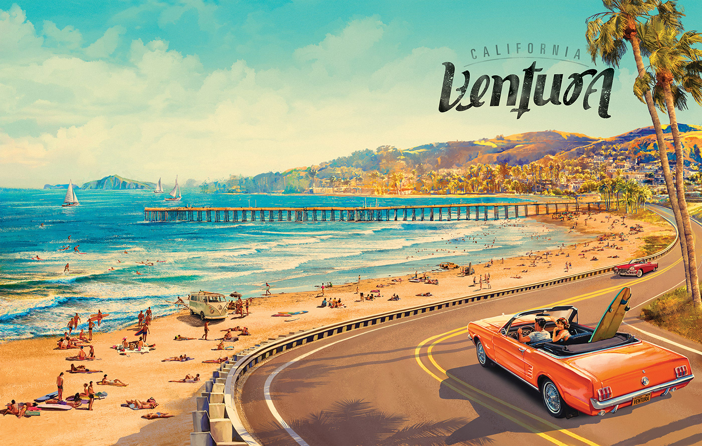 beach California car poster Retro sea summer surfing ventura vintage